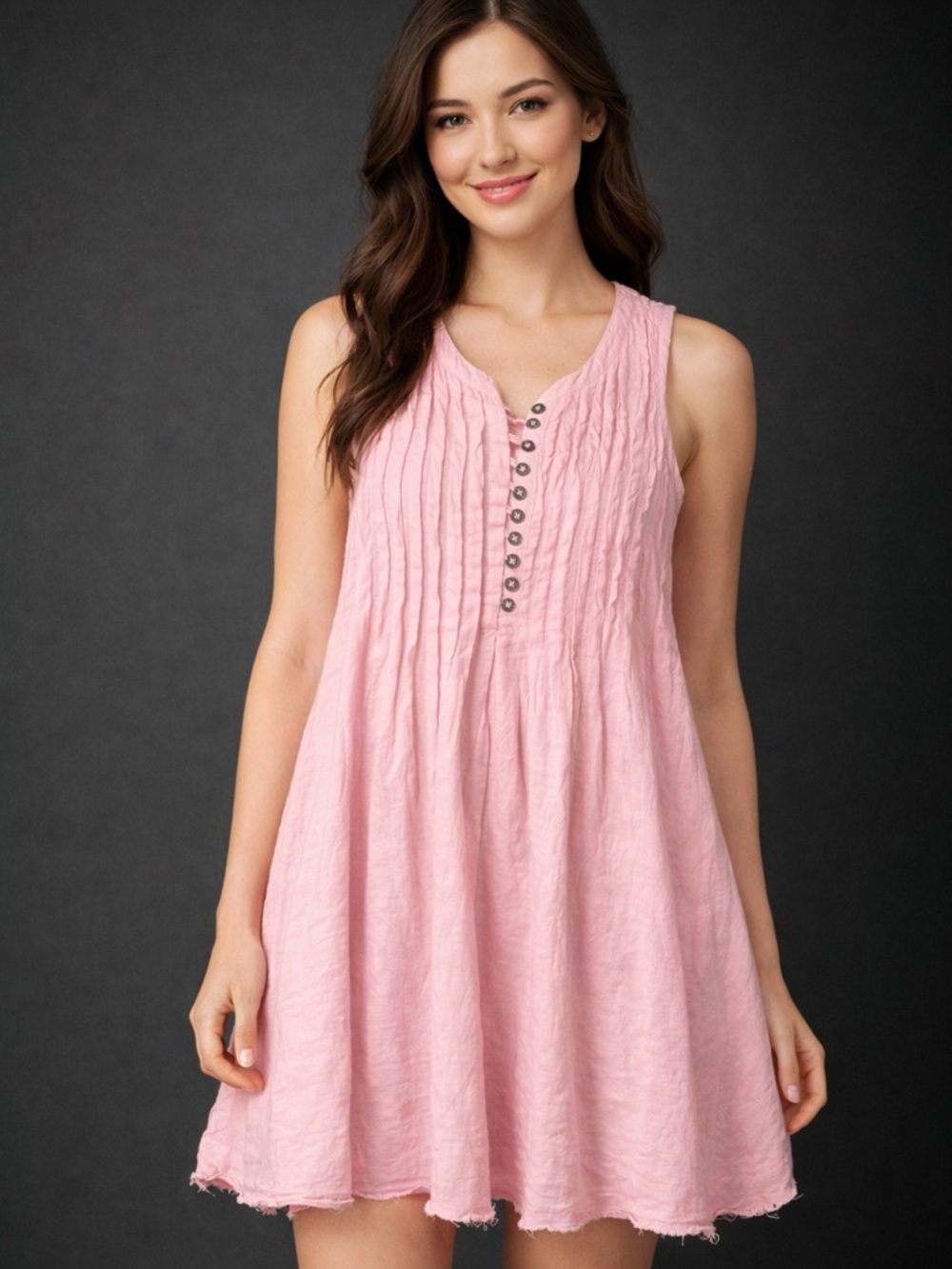 Anthro Pink Boho Tunic Dress | Flowy Pintuck Button Front w Raw Hem